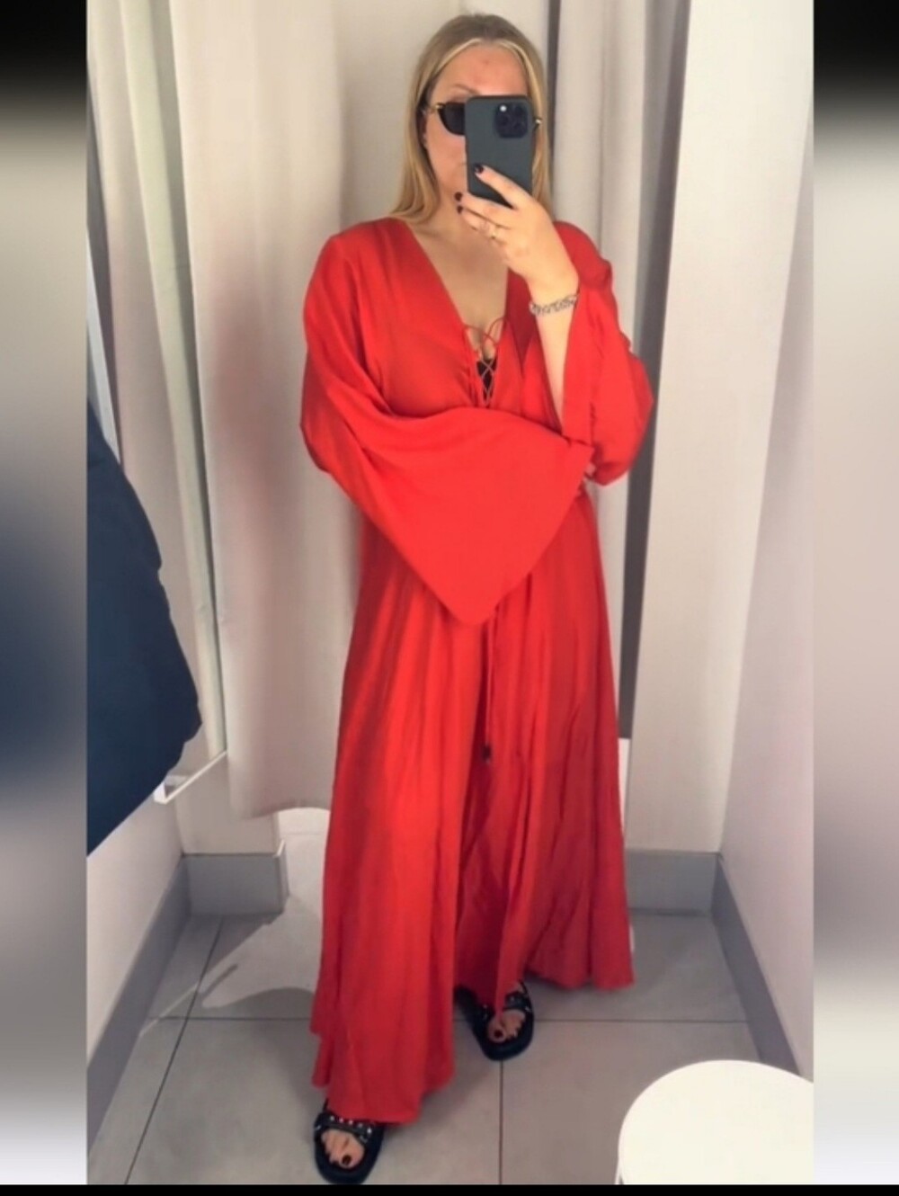 H&M Bright red Lace-up kaftan dress Size XL - Picture 6 of 16